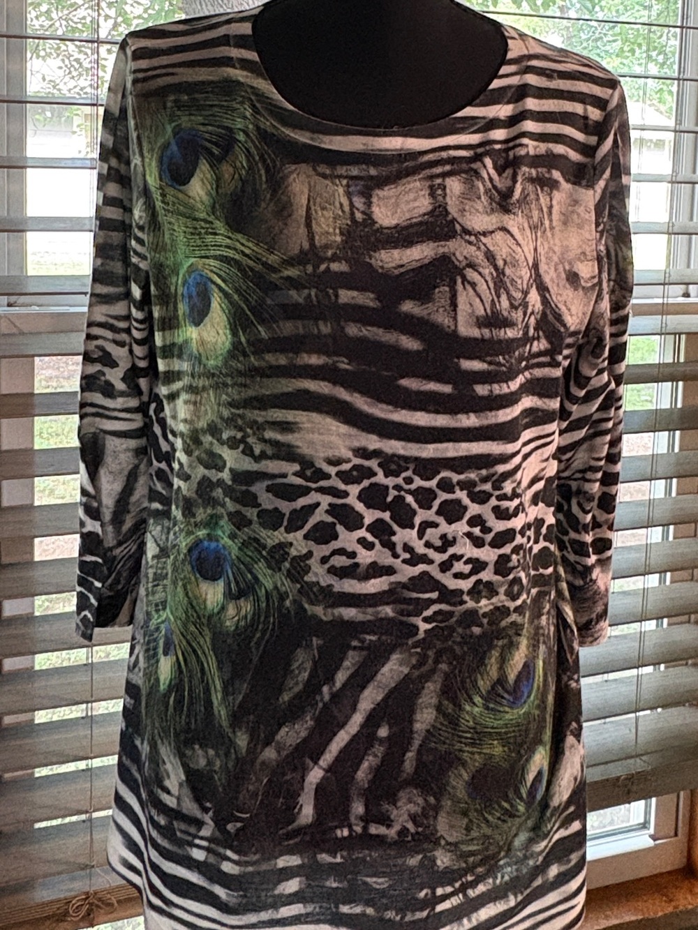 Women’s Black & White Animal-Print Long Sleeve Top with Peacock Accent